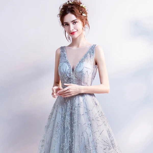 Sparkly Grey Evening Dresses  2018 Tulle Glitter Sequins Evening Party Formal Dresses
