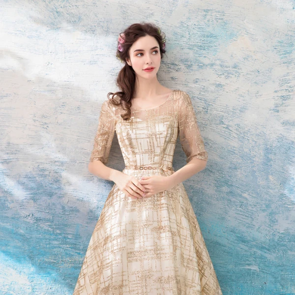 Chic / Beautiful Gold Evening Dresses 2018 A-Line / Princess Floor-Length / Long U-Neck Tulle Appliques Backless Beading Glitter Evening Party Formal Dresses