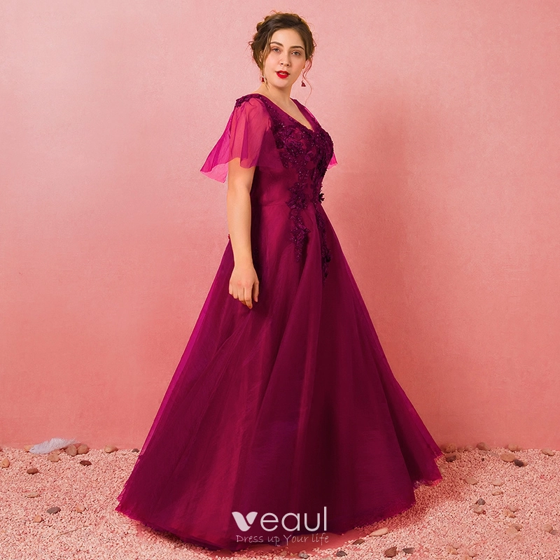 Chic Beautiful Burgundy Plus Size Evening Dresses 2018 A Line Princess Tulle V Neck Lace up Appliques Backless Beading Evening Party Formal Dresses