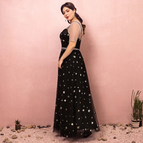 Chic / Beautiful Black Plus Size Prom Dresses 2018 A-Line / Princess Zipper Up Tulle U-Neck Star Backless Beading Sequins Embroidered Evening Party Evening Dresses