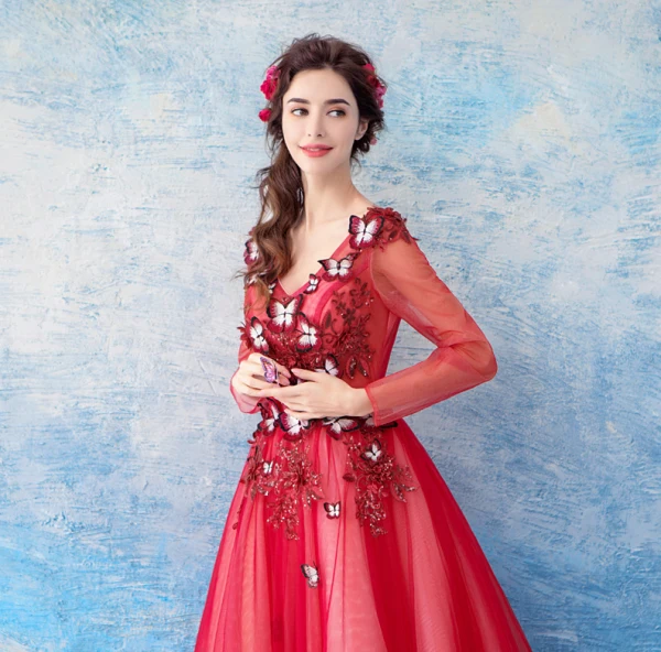 Lovely Red Floor-Length / Long Evening Dresses 2018 A-Line / Princess Tulle V-Neck Appliques Beading Backless Butterfly Sequins Evening Party Prom Dresses