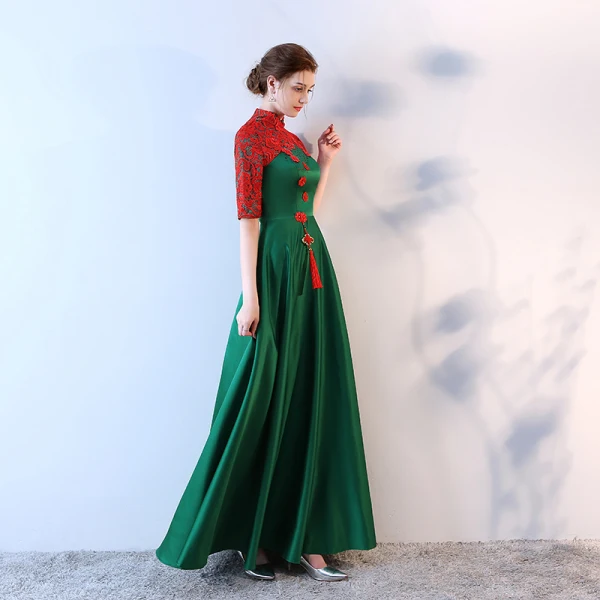 Chinese style 2017 Evening Dresses  Green Scoop Neck 1/2 Sleeves Embroidered Evening Party Formal Dresses