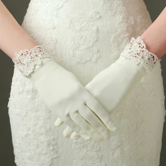 Chic Beautiful Ivory Wedding 2018 Charmeuse Lace Up Beading Rhinestone Bridal Gloves