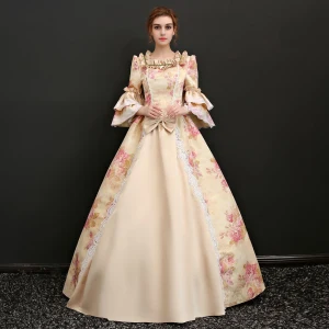 Vintage Champagne Lange Baljurk Galajurken 2018 Lace Up U Hals Charmeuse Ruglooze Het Drukken Gala Gelegenheid Jurken