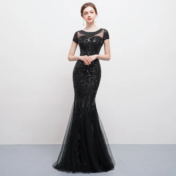 Modern / Fashion Black Floor-Length / Long Evening Dresses 2018 Trumpet / Mermaid U-Neck Tulle Backless Beading Sequins Rhinestone Formal Dresses