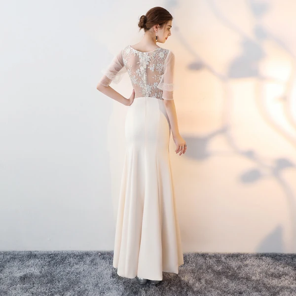Amazing / Unique Champagne Floor-Length / Long Evening Dresses 2018 Trumpet / Mermaid Charmeuse 1/2 Sleeves V-Neck Lace-up Beading Backless Embroidered Formal Dresses