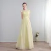Modern / Fashion Floor-Length / Long Yellow Evening Dresses  2018 A-Line / Princess U-Neck Chiffon Lace-up Appliques Backless Pierced Formal Dresses