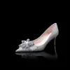 Brillante Bling Bling Plata Zapatos De Mujer 2019 Cuero Rebordear Flor Glitter Lentejuelas Noche High Heels Punta Estrecha Zapatos de novia