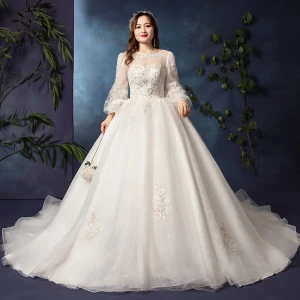 Modern Fashion White Plus Size Wedding Dresses 2019 A Line Princess Long Sleeve U Neck Appliques Backless Beading Sequins Chapel Train