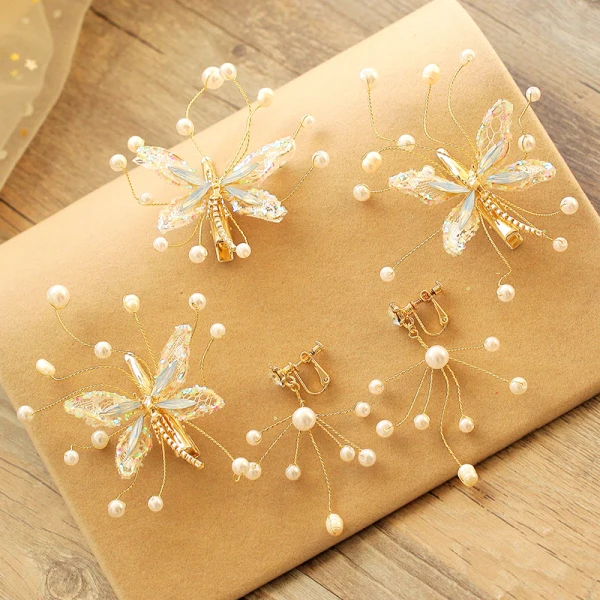Romantisk Härlig Guld Örhängen Hårsmycken 2020 Beading Pärla Rhinestone Fjäril Bröllop Bal Tillbehör