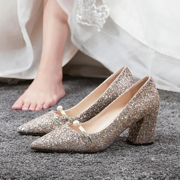 Chic / Belle Argenté Chaussure De Mariée 2020 7 cm Perlage Perle Mariage Cocktail Soirée À Bout Pointu Chaussures Femmes