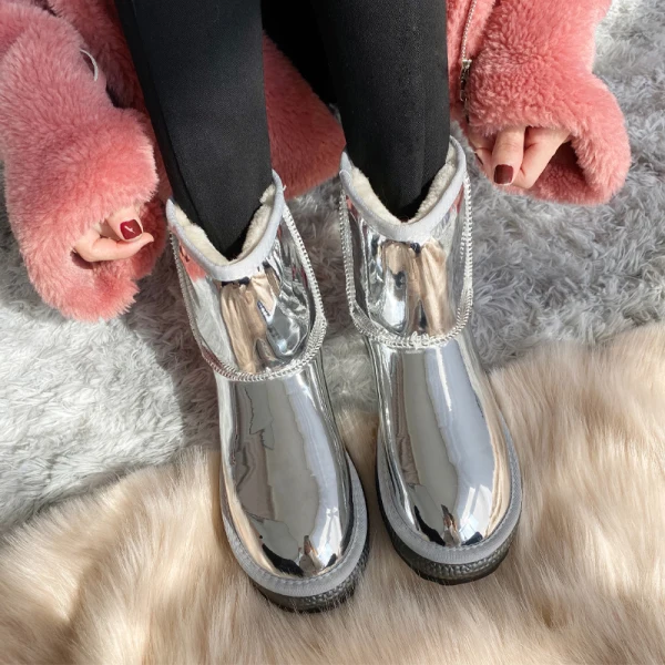 Amazing / Unique Silver Snow Boots 2020 Woolen Patent Leather Casual Outdoor / Garden Winter Flat Round Toe Womens Boots