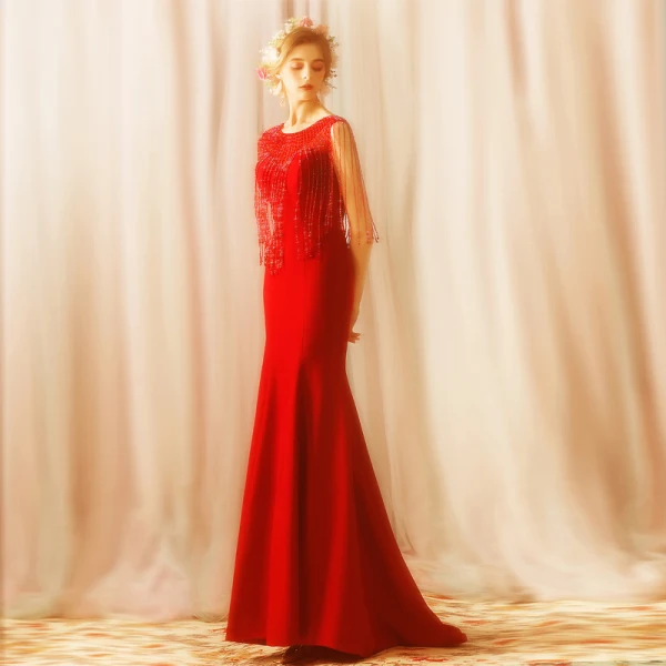 Modern / Fashion Red Sweep Train Evening Dresses  2018 Trumpet / Mermaid Charmeuse U-Neck Beading Tassel Formal Dresses