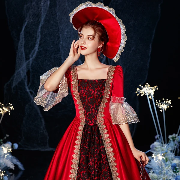 Vintage / Originale Médiévale Gothique Rouge Robe Boule Robe De Bal 2021 En Dentelle Bretelles croisées 1/2 Manches Encolure Carrée Longue Fait main Perlage Faux Diamant Cosplay Promo Robe De Ceremonie