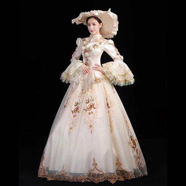 Vintage / Retro Medieval Ivory Ball Gown Prom Dresses 2021 High Neck Long Sleeve Floor-Length / Long 3D Lace Embroidered Flower Printing Cosplay Prom Formal Dresses