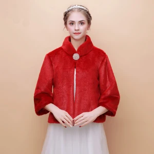 Red Winter High Neck Long Sleeve Faux Fur Prom Evening Party Wedding Coats Jackets 2017