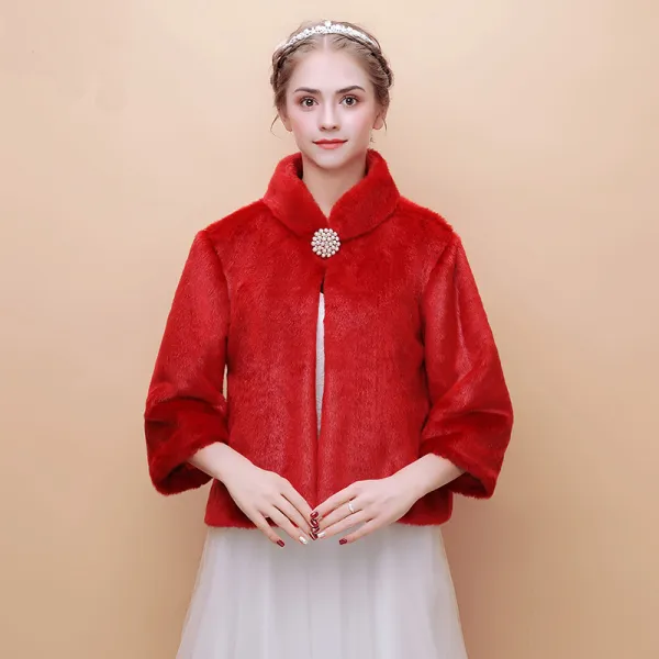 Red Winter High Neck Long Sleeve Faux Fur Prom Evening Party Wedding Coats / Jackets 2017