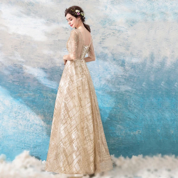 Chic / Beautiful Gold Evening Dresses 2018 A-Line / Princess Floor-Length / Long U-Neck Tulle Appliques Backless Beading Glitter Evening Party Formal Dresses