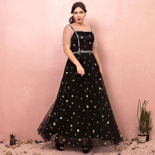 Chic / Beautiful Black Plus Size Prom Dresses 2018 A-Line / Princess Zipper Up Tulle U-Neck Star Backless Beading Sequins Embroidered Evening Party Evening Dresses