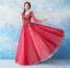 Lovely Red Floor-Length / Long Evening Dresses  2018 A-Line / Princess Tulle V-Neck Appliques Beading Backless Butterfly Sequins Evening Party Prom Dresses