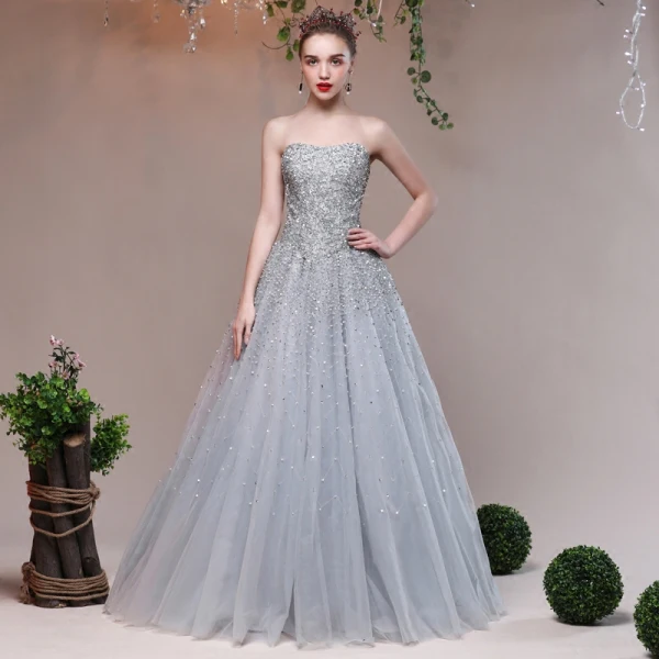 Sparkly Grey Evening Dresses  2017 Lace Backless Glitter Sequins Strappy A-Line / Princess Formal Dresses