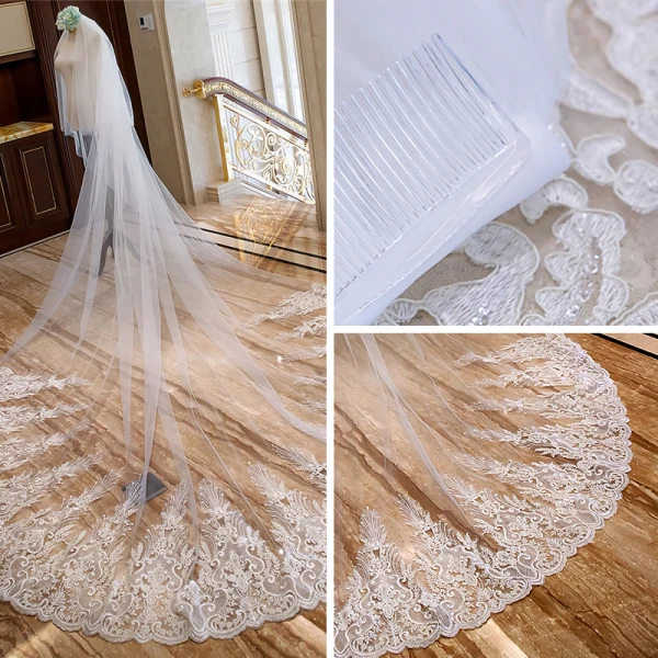Chic / Beautiful White Royal Train Wedding Tulle Appliques 4 m Wedding Veils 2018