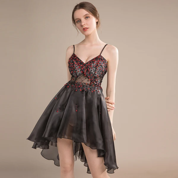 Sexy Black Short Cocktail Dresses 2018 A-Line / Princess Tulle V-Neck Beading Backless Cocktail Party Formal Dresses