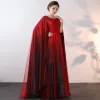 Luxury / Gorgeous Sparkly Bling Bling Burgundy Floor-Length / Long Evening Dresses  2018 A-Line / Princess With Cloak Beading Sequins Evening Party Prom Dresses