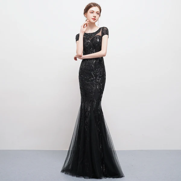 Modern / Fashion Black Floor-Length / Long Evening Dresses 2018 Trumpet / Mermaid U-Neck Tulle Backless Beading Sequins Rhinestone Formal Dresses