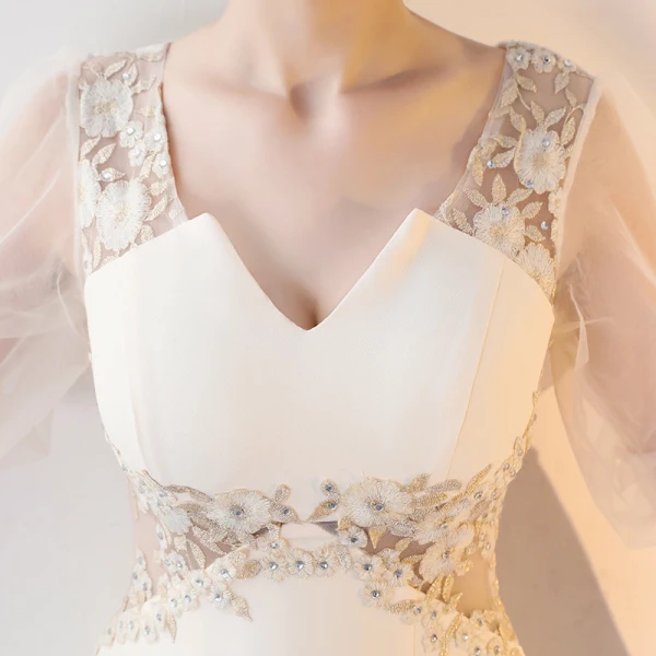 Amazing / Unique Champagne Floor-Length / Long Evening Dresses 2018 Trumpet / Mermaid Charmeuse 1/2 Sleeves V-Neck Lace-up Beading Backless Embroidered Formal Dresses