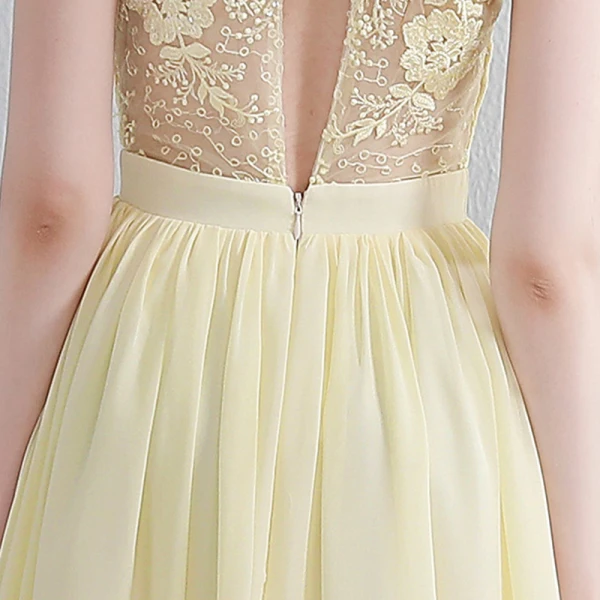 Modern / Fashion Floor-Length / Long Yellow Evening Dresses 2018 A-Line / Princess U-Neck Chiffon Lace-up Appliques Backless Pierced Formal Dresses