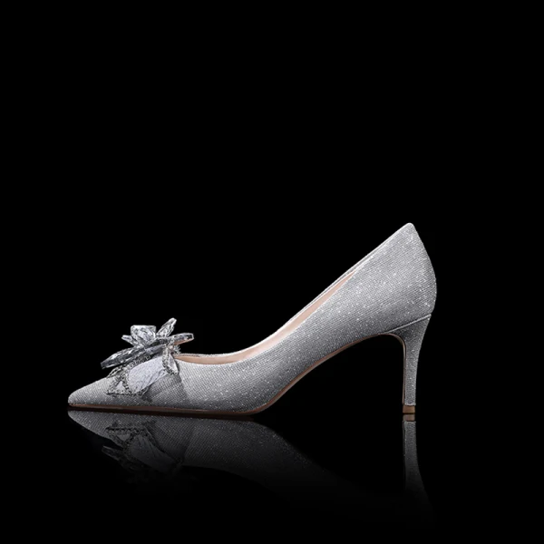 Glittrande Bling Bling Silver Damskor 2019 Läder Beading Blomma Glittriga / Glitter Paljetter Afton Högklackade Spetsiga Brudskor