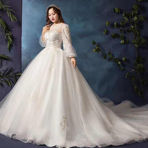 Modern / Fashion White Plus Size Wedding Dresses 2019 A-Line / Princess Long Sleeve U-Neck Appliques Backless Beading Sequins Chapel Train