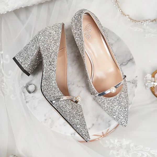Chic / Belle Argenté Chaussure De Mariée 2020 7 cm Perlage Perle Mariage Cocktail Soirée À Bout Pointu Chaussures Femmes