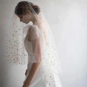 Hermoso Blanco Velo De Novia 2020 Tul Cortos Estrella Lentejuelas Boda Accesorios