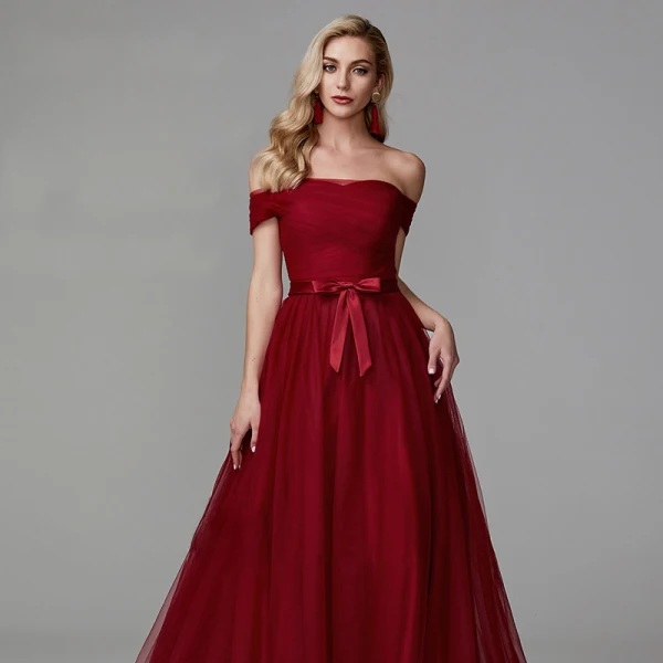 Chic / Beautiful Burgundy Evening Dresses 2020 A-Line / Princess Off-The-Shoulder Tulle Backless Strappy Court Train Cocktail Party Evening Party Formal Dresses