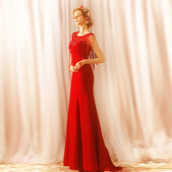 Modern / Fashion Red Sweep Train Evening Dresses  2018 Trumpet / Mermaid Charmeuse U-Neck Beading Tassel Formal Dresses
