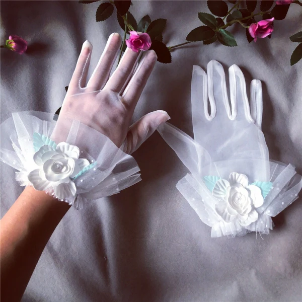 Flower Fairy White Bridal Gloves 2020 Appliques Flower Tulle Prom Wedding Accessories