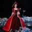 Vintage / Originale Médiévale Gothique Rouge Robe Boule Robe De Bal 2021 En Dentelle Bretelles croisées 1/2 Manches Encolure Carrée Longue Fait main Perlage Faux Diamant Cosplay Promo Robe De Ceremonie