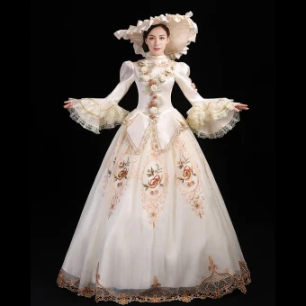 Vintage Middeleeuws Ivoor Baljurk Galajurken 2021 Hoge Kraag Lange Mouwen Lange 3d Kant Geborduurde Bloem Het Drukken Cosplay Gala Gelegenheid Jurken