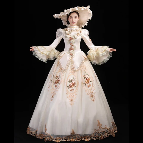 Vintage Medieval Marfil Ball Gown Vestidos de gala 2021 Cuello Alto Manga Larga Largos Encaje 3D Bordado Flor Impresión Cosplay Gala Vestidos Formales