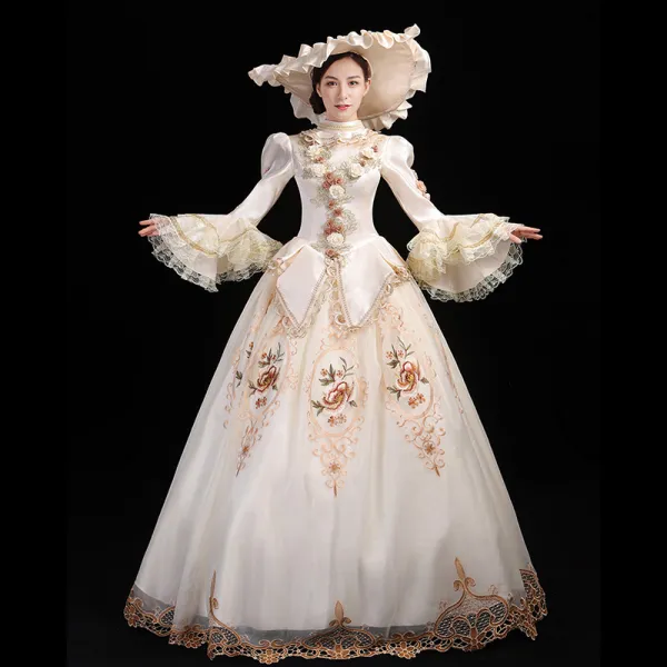 Vintage / Retro Medieval Ivory Ball Gown Prom Dresses 2021 High Neck Long Sleeve Floor-Length / Long 3D Lace Embroidered Flower Printing Cosplay Prom Formal Dresses
