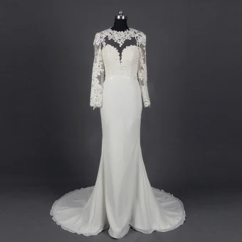 Classic Elegant Ivory Court Train Wedding 2018 Trumpet Mermaid Long Sleeve Charmeuse U Neck Lace Up Appliques Backless Pierced Wedding Dresses