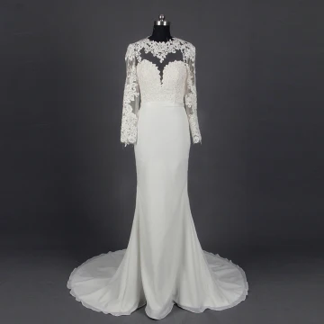 Clásico Elegantes Marfil Colas De La Corte Boda 2018 Trumpet Mermaid Manga Larga Charmeuse U Escote Con Cordones Apliques Sin Espalda Traspasado Vestidos De Novia