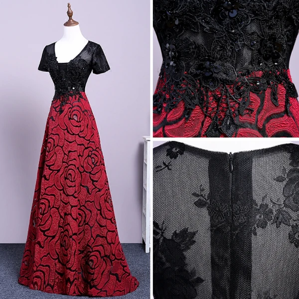 Chic / Beautiful Burgundy Evening Dresses 2017 A-Line / Princess U-Neck Lace Beading Appliques Backless Evening Party Formal Dresses