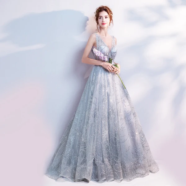 Sparkly Grey Evening Dresses  2018 Tulle Glitter Sequins Evening Party Formal Dresses