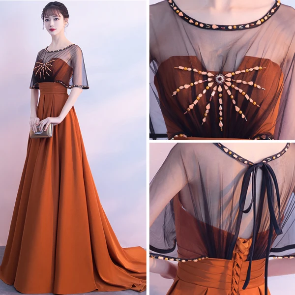 Klassieke Elegante Oranje Avondjurken 2017 A lijn U-hals Ruglooze Kralen Chiffon Avond Gelegenheid Jurken