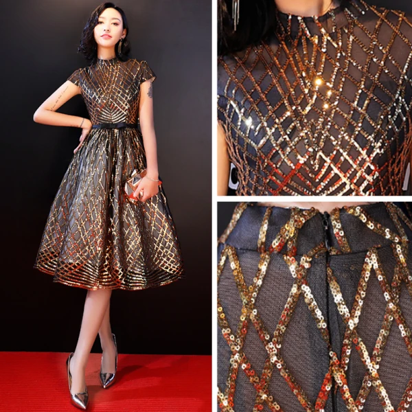 Chic / Belle Doré Robe De Graduation 2018 Princesse Col Haut Tulle Rayé Perlage Glitter Paillettes de retour Robe De Ceremonie