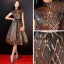 Chic / Belle Doré Robe De Graduation 2018 Princesse Col Haut Tulle Rayé Perlage Glitter Paillettes de retour Robe De Ceremonie