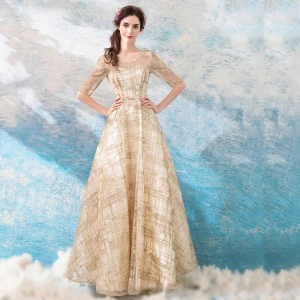 Chic Beautiful Gold Evening Dresses 2018 A Line Princess Floor Length Long U Neck Tulle Appliques Backless Beading Glitter Evening Party Formal Dresses